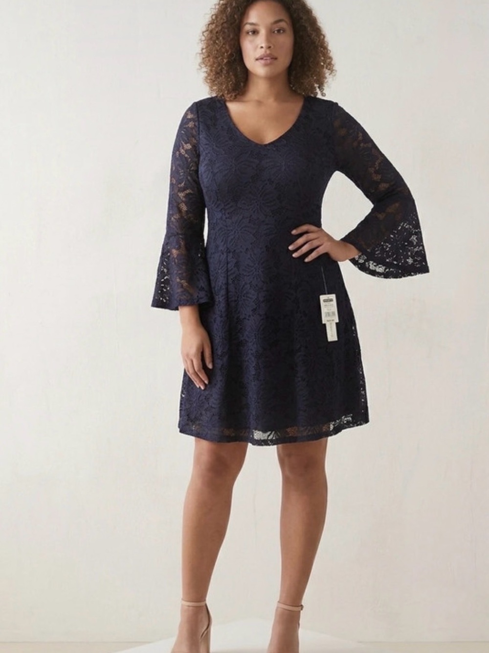 Three Hearts Navy Lace Bell-Sleeve Mini Dress size Medium